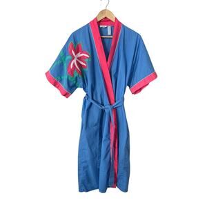 Vintage Kayser 1980s Color Block Blue Pink Embroidered Floral Robe OS